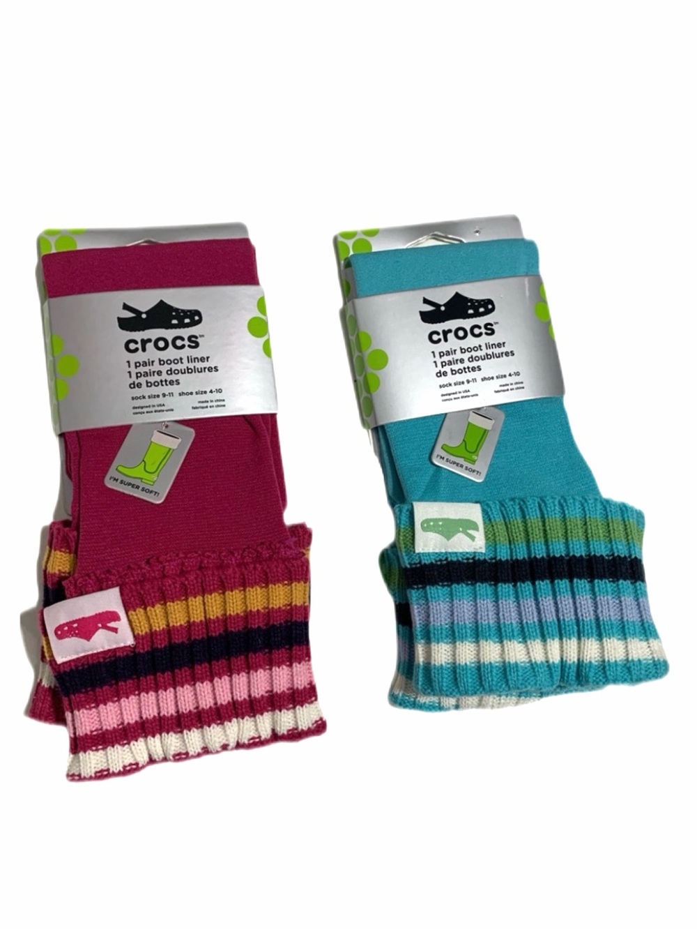 Crocs Boot Liner Socks 2 Pair Bundle Size 9-11 NWT Blue and Red Striped Cuffs